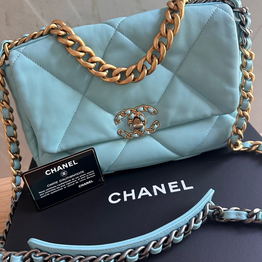 CHANEL Blue and Gold Quilted Shoulder Bag